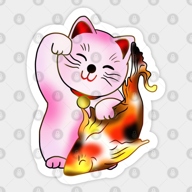 Right paw pink maneki neko lucky cat with fish Sticker by cuisinecat